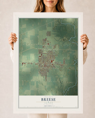 Map of Breese, Illinois, 24 x 36 inch print in a white wood frame