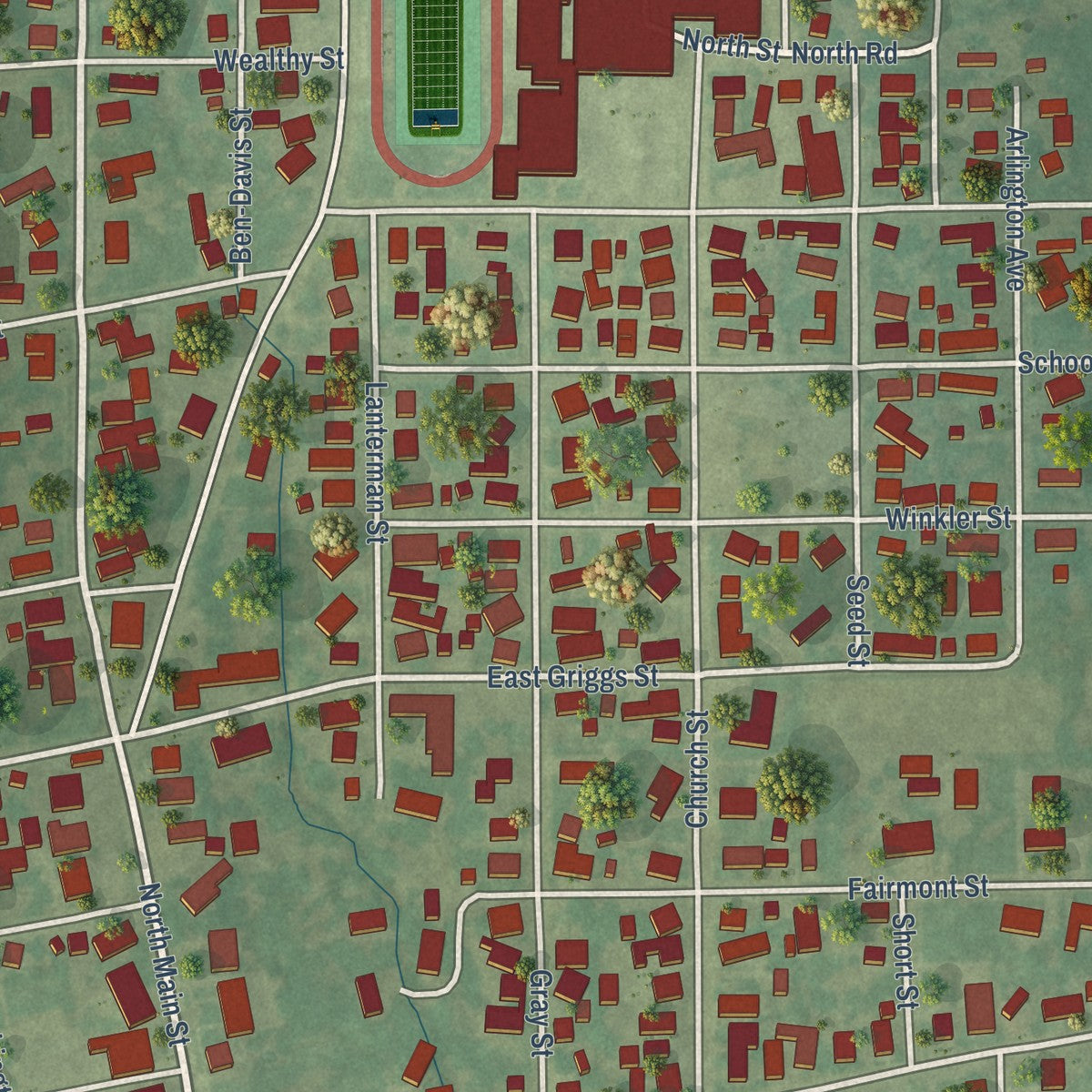 Close-up of the map of Bridgeport, Illinois print showing street and building detail
