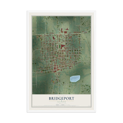 Map of Bridgeport, Illinois, 12 x 18 inch print in a white wood frame