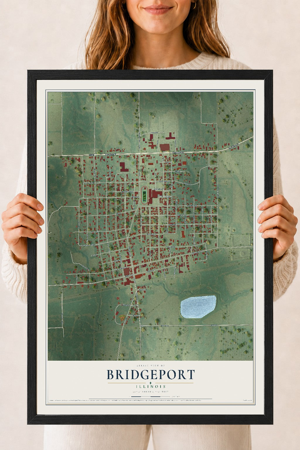 Map of Bridgeport, Illinois, 18 x 24 inch print in a black wood frame