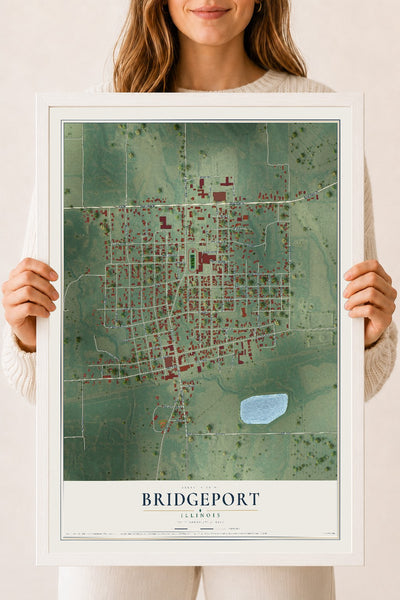 Map of Bridgeport, Illinois, 18 x 24 inch print in a white wood frame