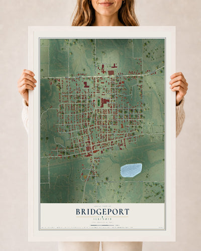 Map of Bridgeport, Illinois, 24 x 36 inch print in a white wood frame