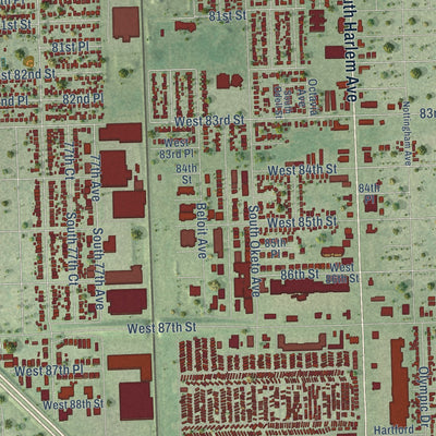Close-up of the map of Bridgeview, Illinois print showing street and building detail