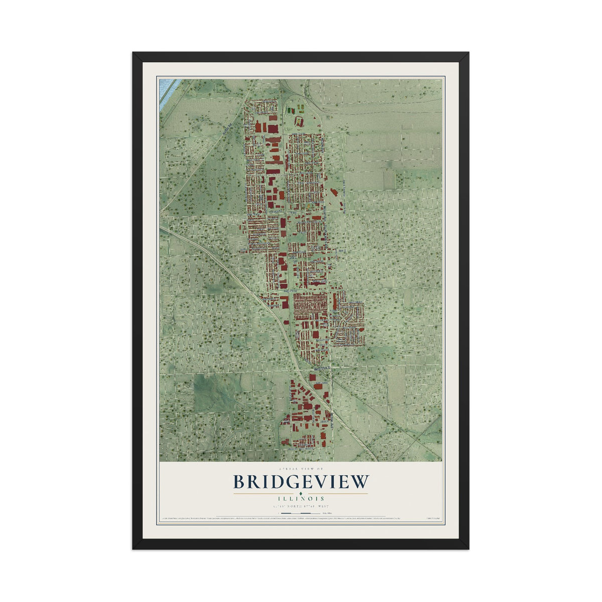 Map of Bridgeview, Illinois, 12 x 18 inch print in a black wood frame