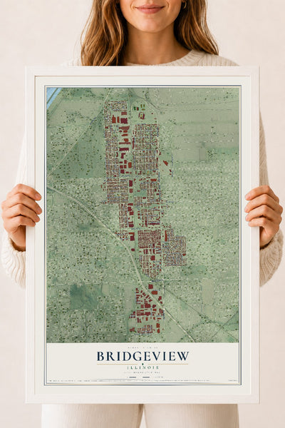 Map of Bridgeview, Illinois, 18 x 24 inch print in a white wood frame