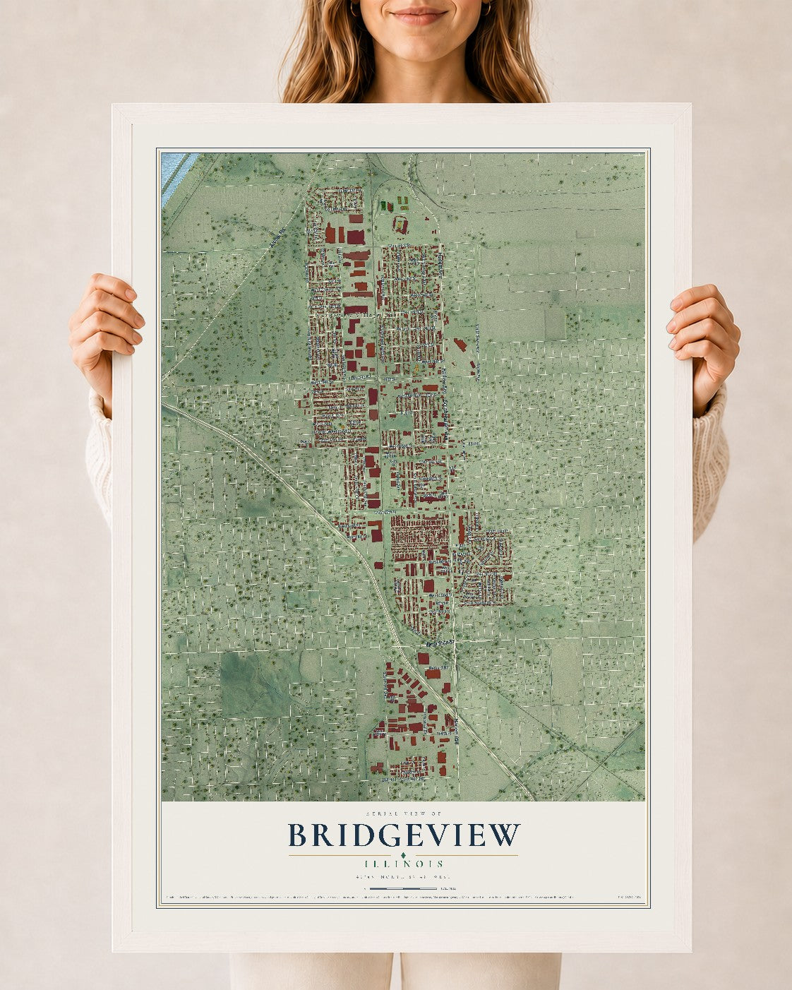 Map of Bridgeview, Illinois, 24 x 36 inch print in a white wood frame