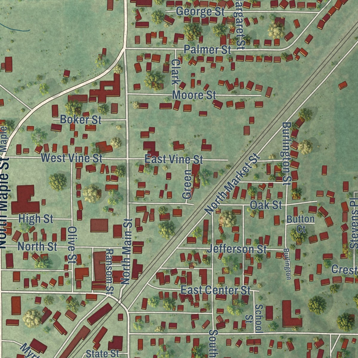 Close-up of the map of Brighton, Illinois print showing street and building detail