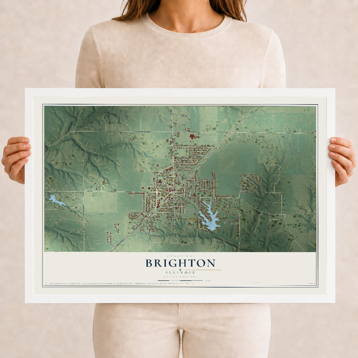 Map of Brighton, Illinois, 12 x 18 inch print in a white wood frame