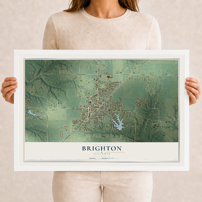 Map of Brighton, Illinois, 12 x 18 inch print in a white wood frame