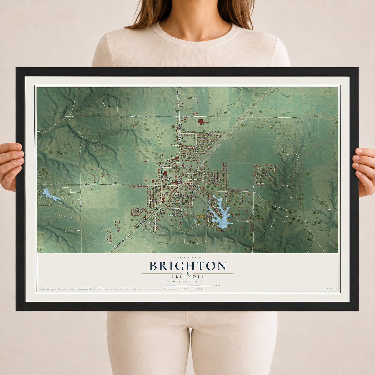 Map of Brighton, Illinois, 18 x 24 inch print in a black wood frame