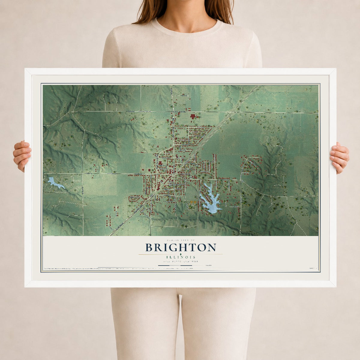 Map of Brighton, Illinois, 24 x 36 inch print in a white wood frame