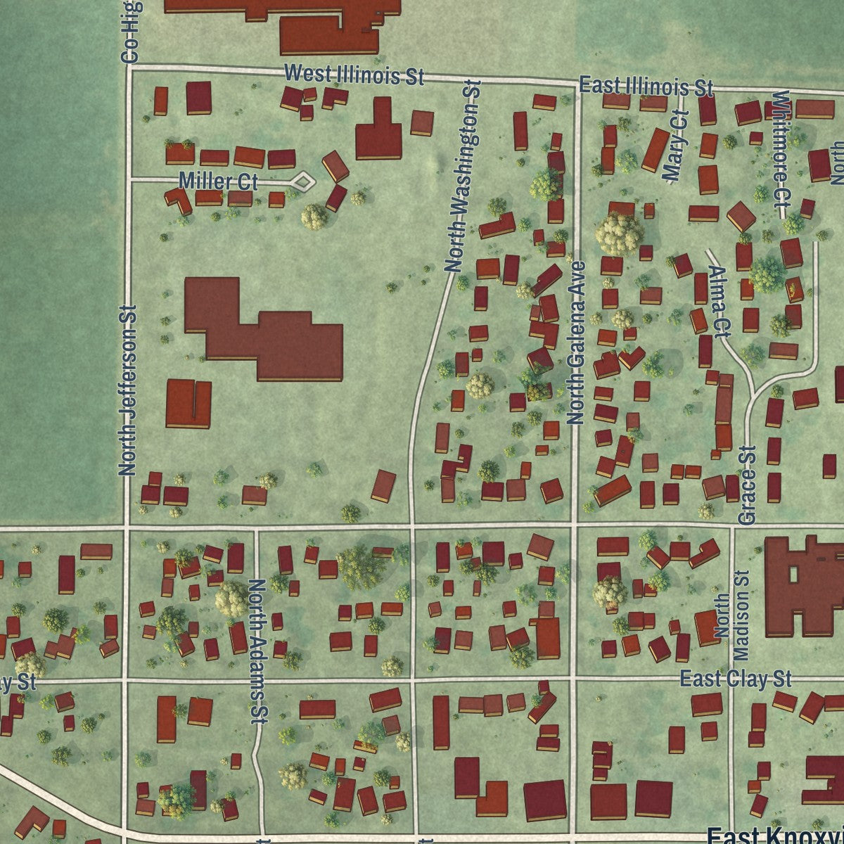 Close-up of the map of Brimfield, Illinois print showing street and building detail