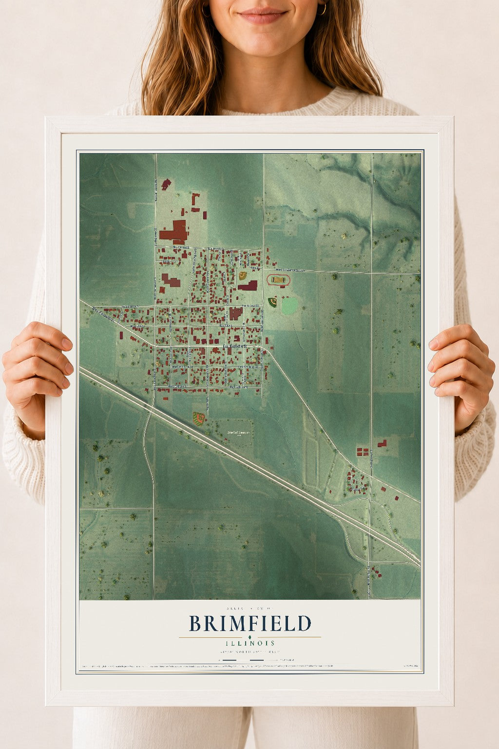 Map of Brimfield, Illinois, 18 x 24 inch print in a white wood frame