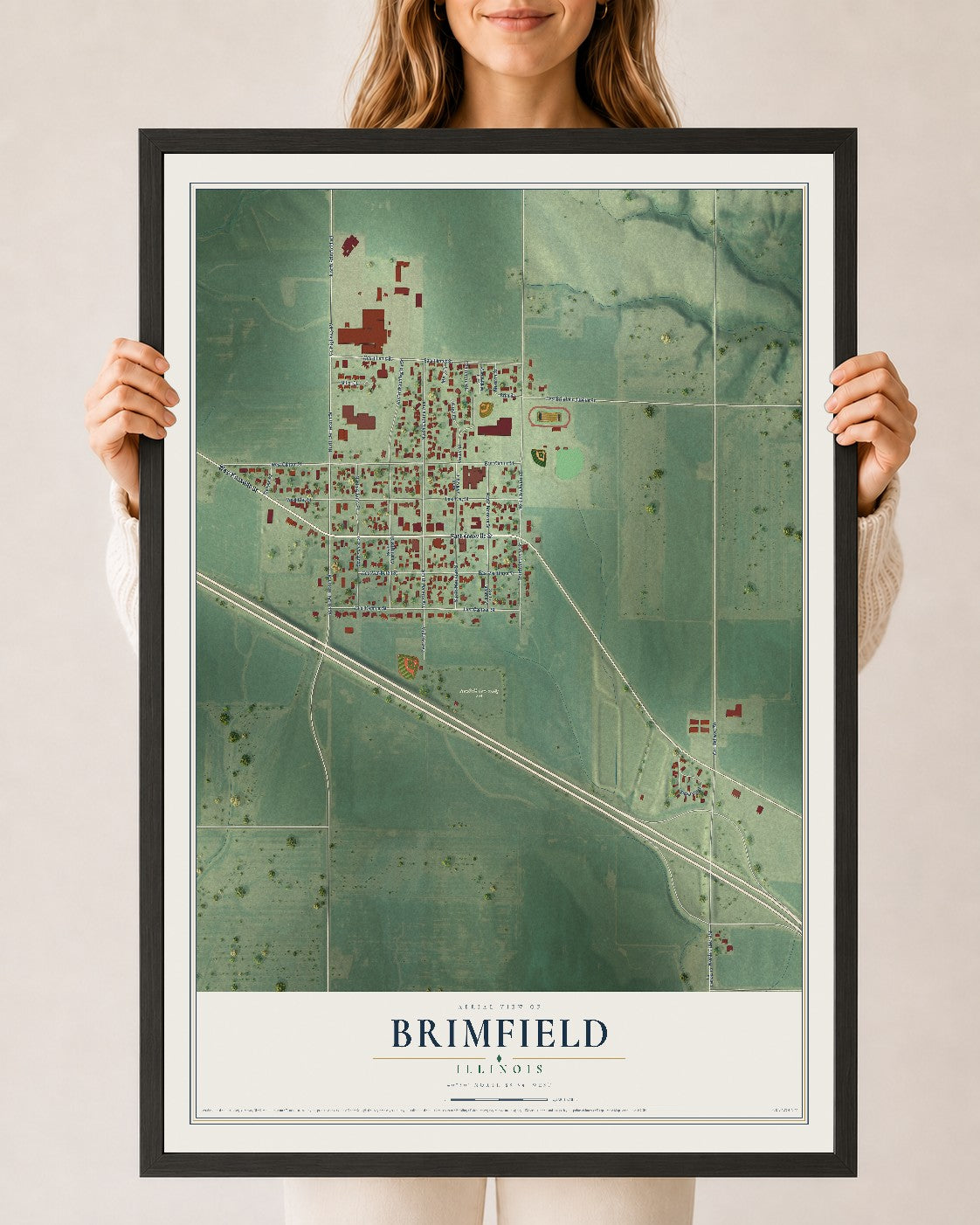 Map of Brimfield, Illinois, 24 x 36 inch print in a black wood frame