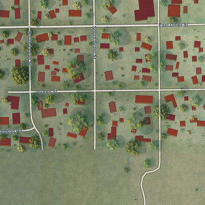 Close-up of the map of Broadlands, Illinois print showing street and building detail