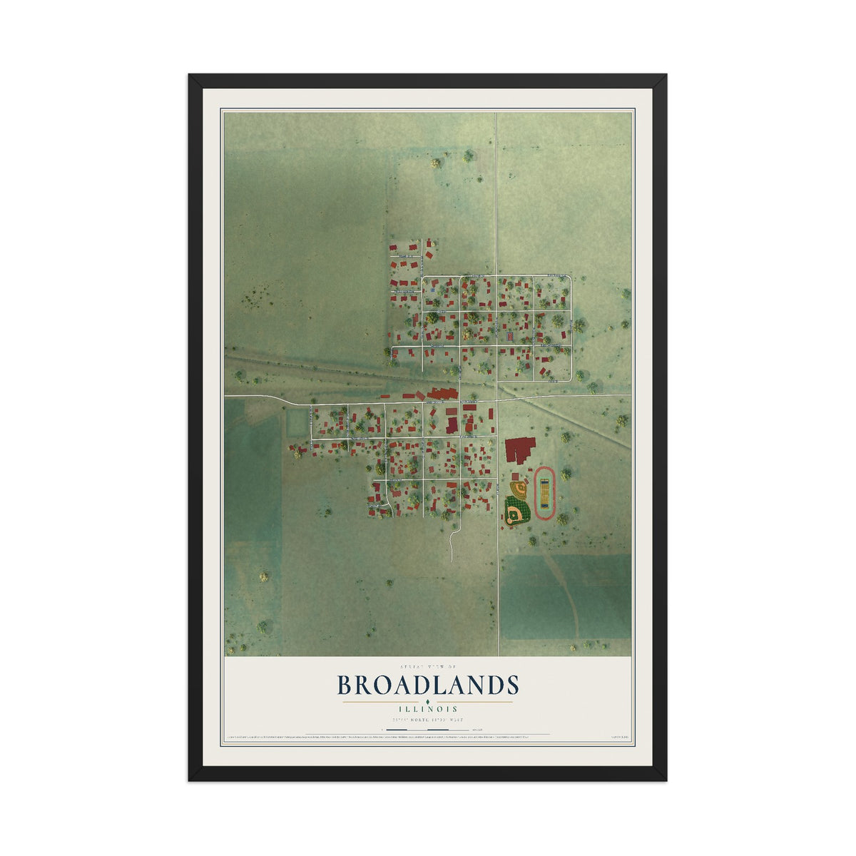 Map of Broadlands, Illinois, 12 x 18 inch print in a black wood frame