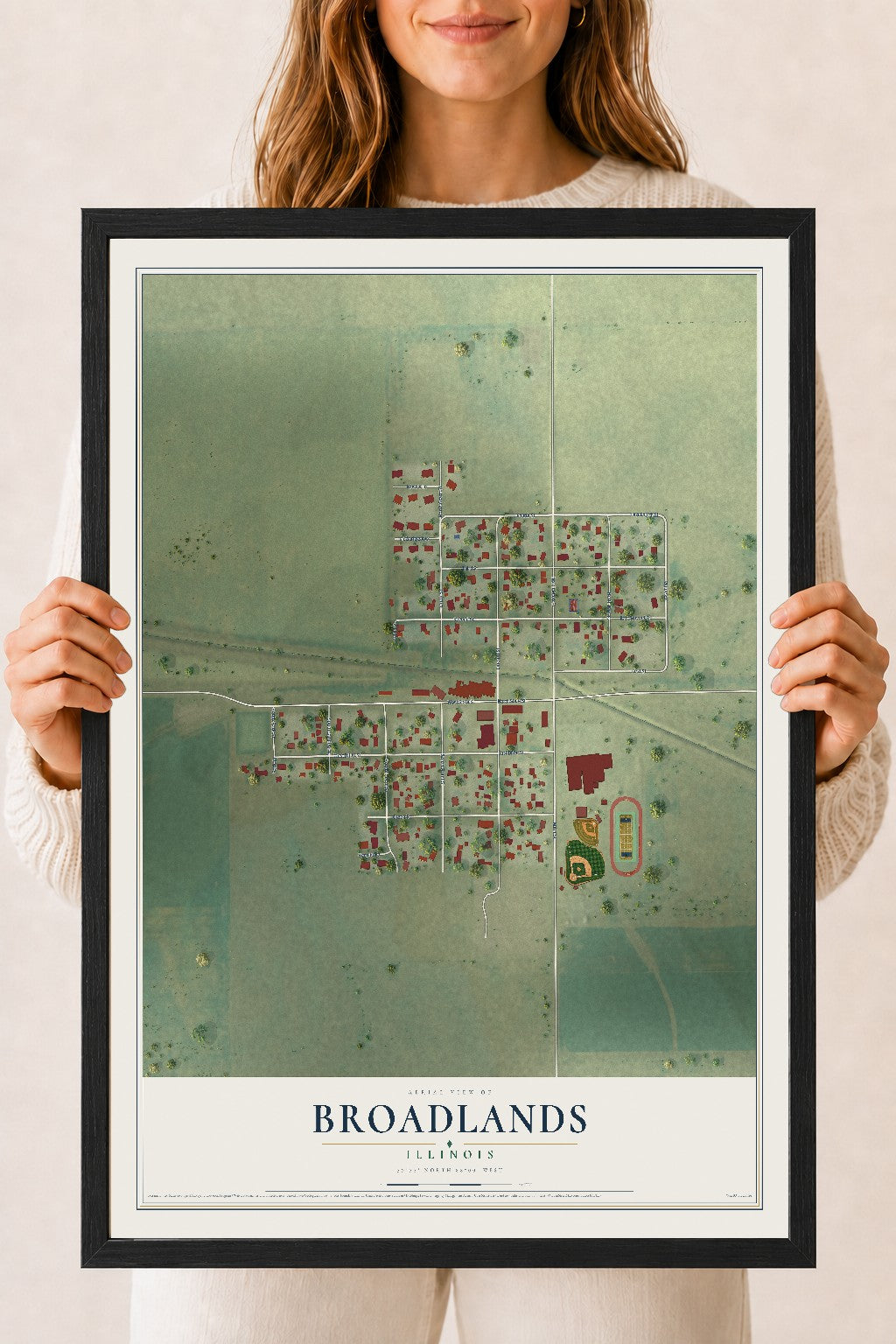 Map of Broadlands, Illinois, 18 x 24 inch print in a black wood frame