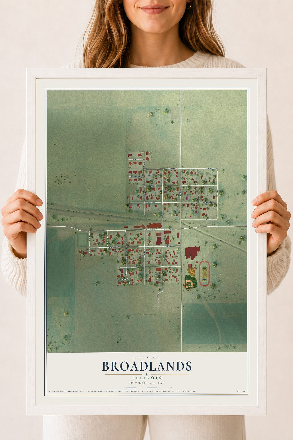 Map of Broadlands, Illinois, 18 x 24 inch print in a white wood frame