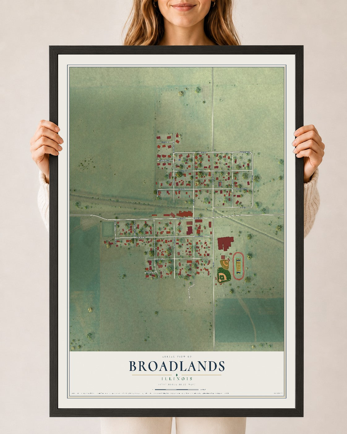 Map of Broadlands, Illinois, 24 x 36 inch print in a black wood frame