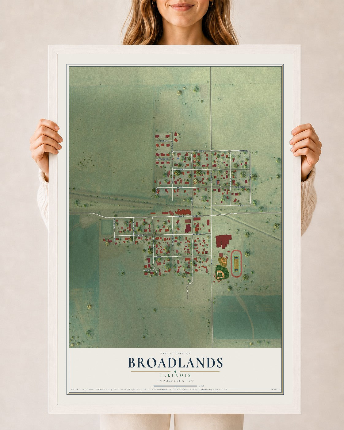 Map of Broadlands, Illinois, 24 x 36 inch print in a white wood frame