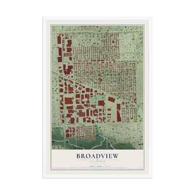 Map of Broadview, Illinois, 12 x 18 inch print in a white wood frame