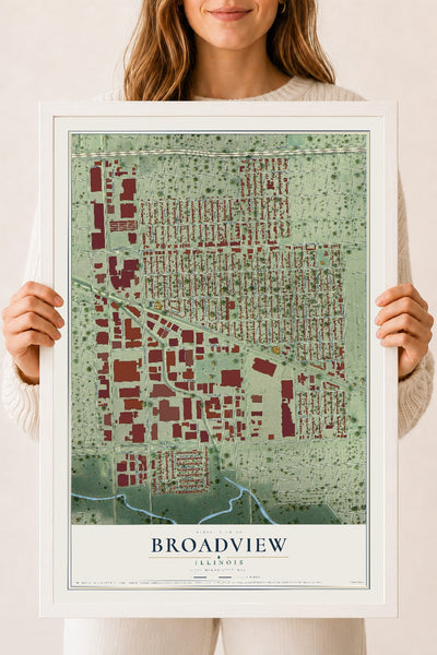 Map of Broadview, Illinois, 18 x 24 inch print in a white wood frame