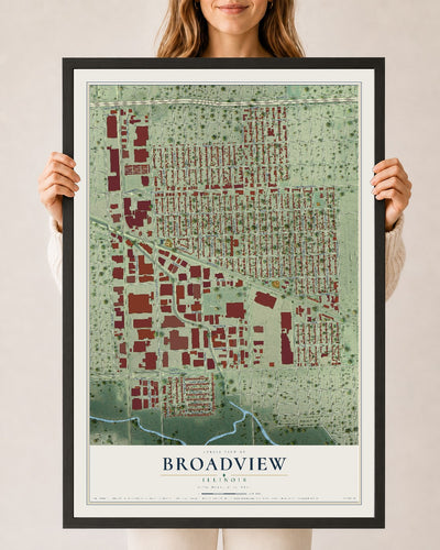 Map of Broadview, Illinois, 24 x 36 inch print in a black wood frame