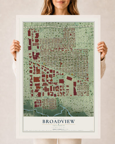 Map of Broadview, Illinois, 24 x 36 inch print in a white wood frame