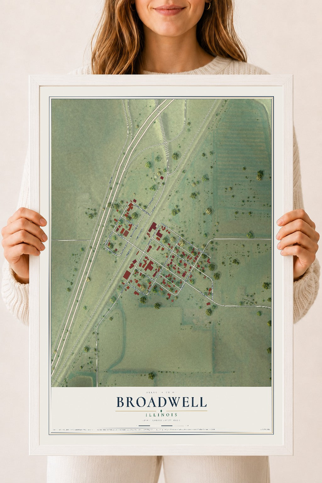 Map of Broadwell, Illinois, 18 x 24 inch print in a white wood frame