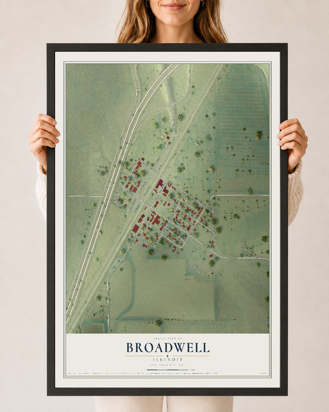 Map of Broadwell, Illinois, 24 x 36 inch print in a black wood frame