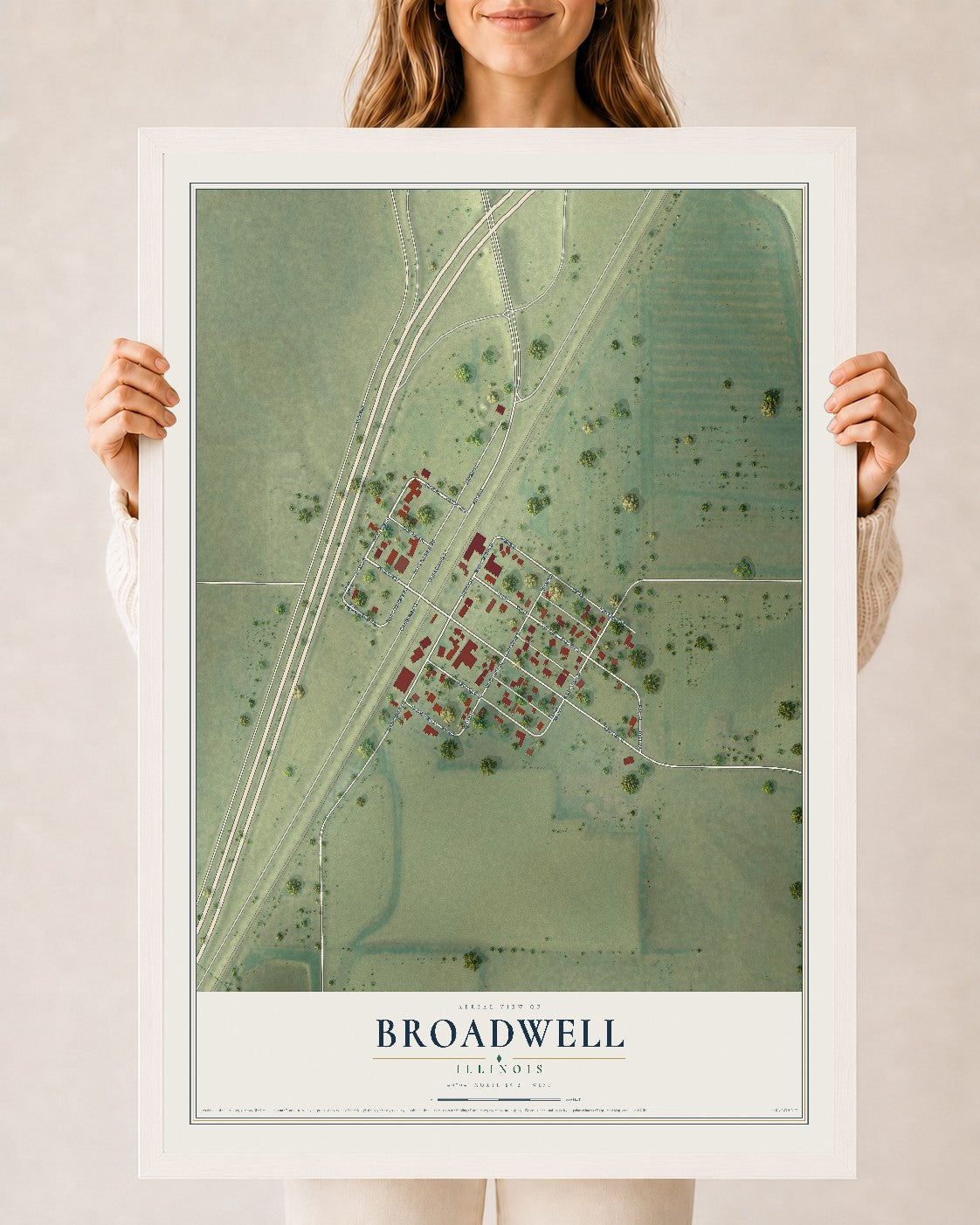 Map of Broadwell, Illinois, 24 x 36 inch print in a white wood frame