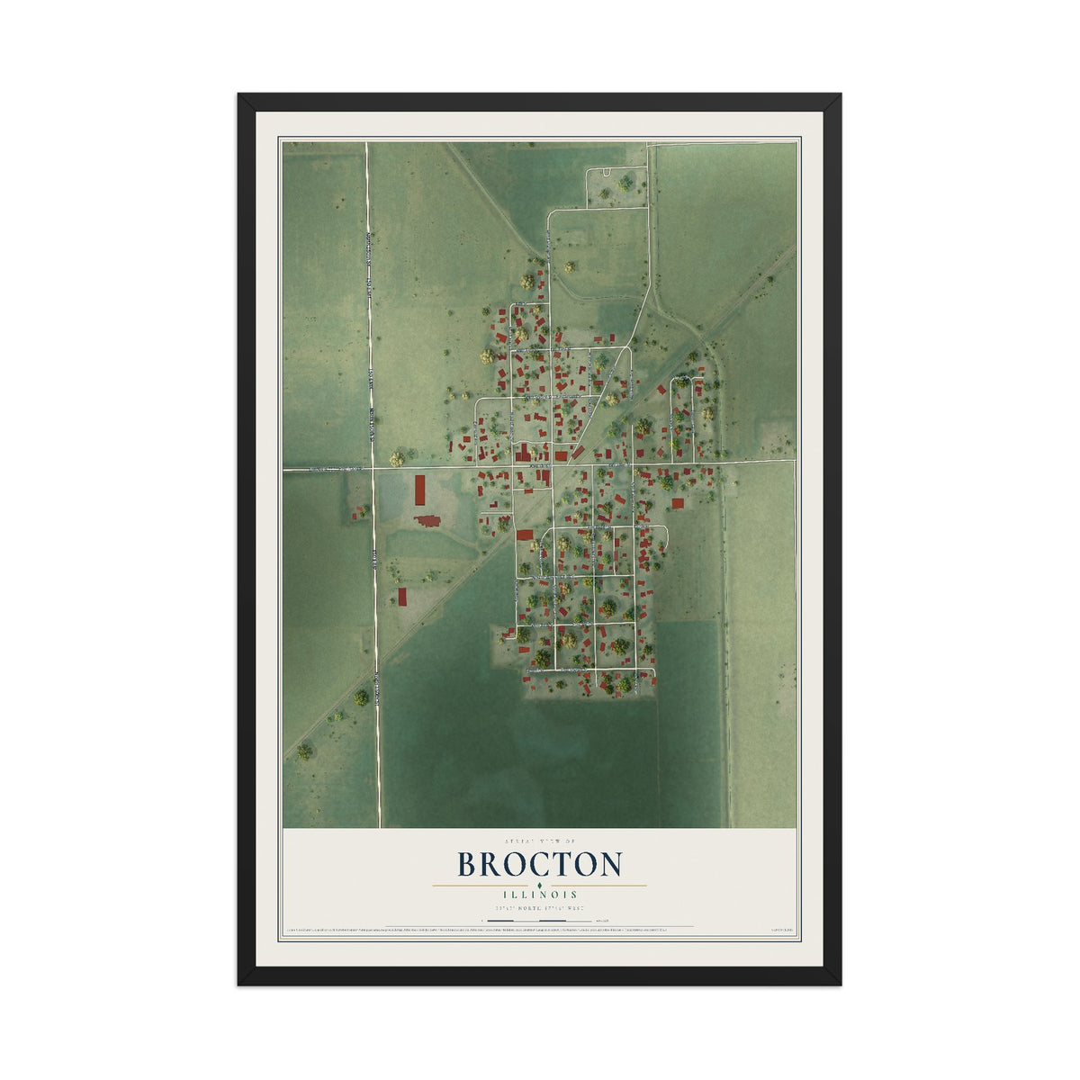 Map of Brocton, Illinois, 12 x 18 inch print in a black wood frame