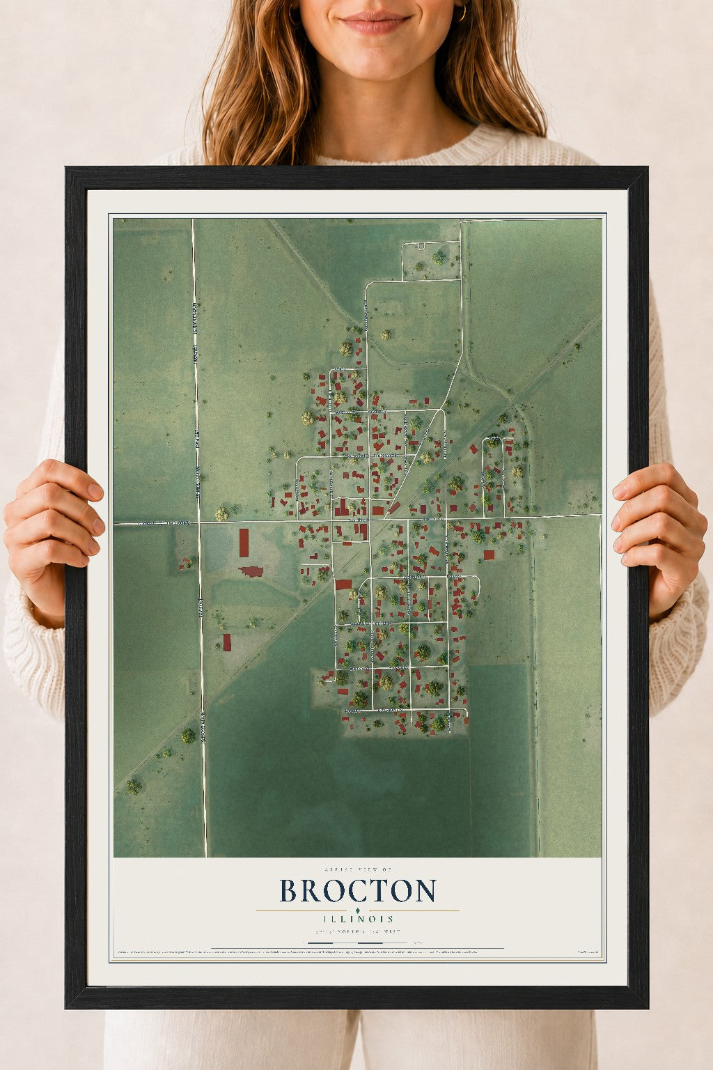 Map of Brocton, Illinois, 18 x 24 inch print in a black wood frame