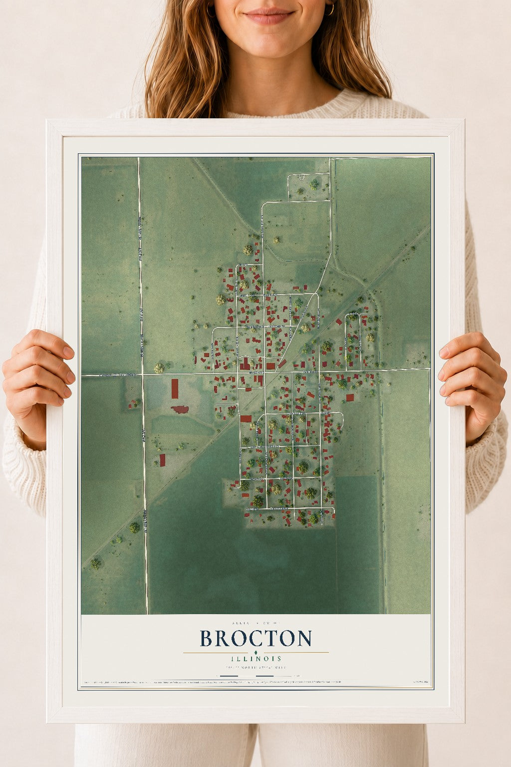 Map of Brocton, Illinois, 18 x 24 inch print in a white wood frame