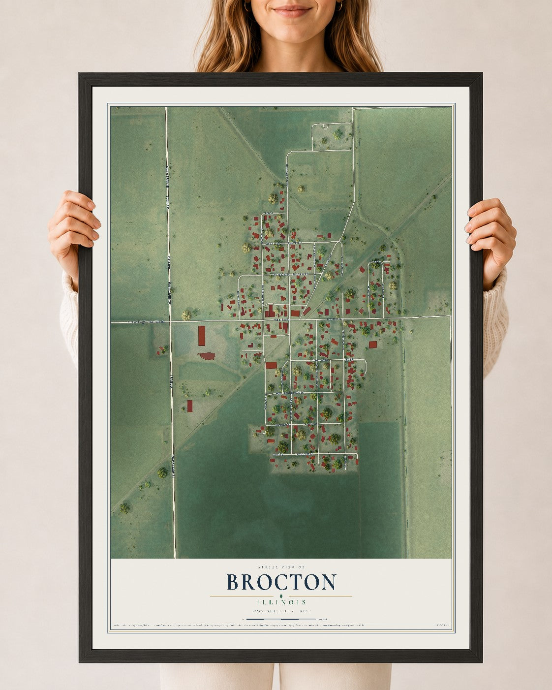 Map of Brocton, Illinois, 24 x 36 inch print in a black wood frame