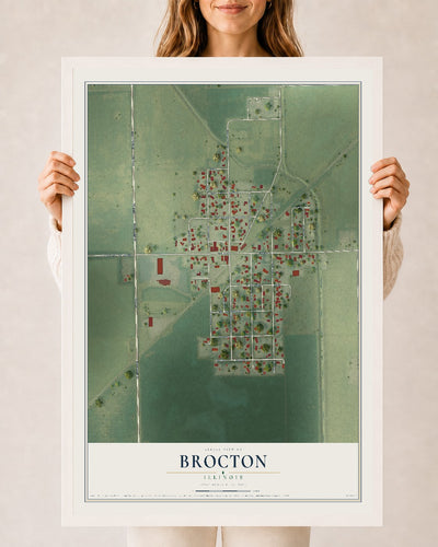 Map of Brocton, Illinois, 24 x 36 inch print in a white wood frame