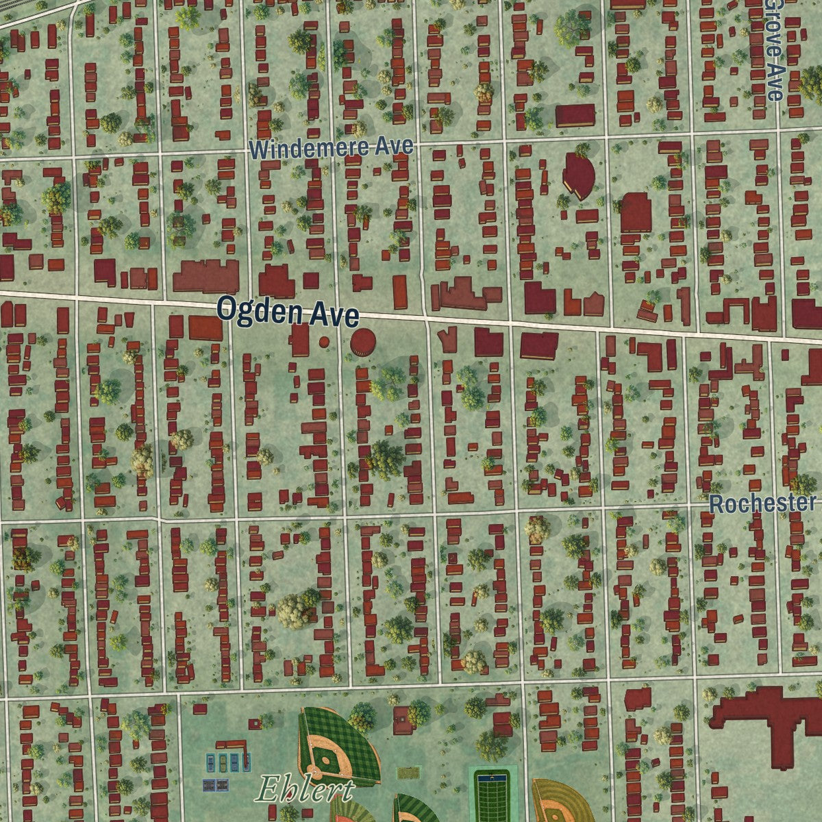 Close-up of the map of Brookfield, Illinois print showing street and building detail