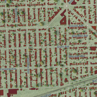Second close-up of the map of Brookfield, Illinois print showing more streets and buildings