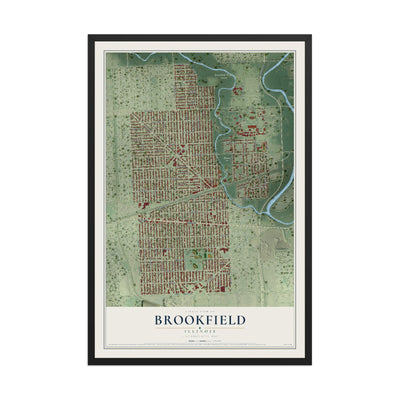 Map of Brookfield, Illinois, 12 x 18 inch print in a black wood frame