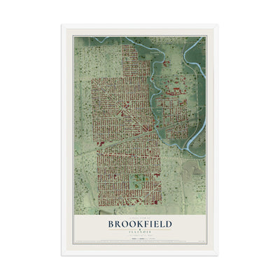 Map of Brookfield, Illinois, 12 x 18 inch print in a white wood frame