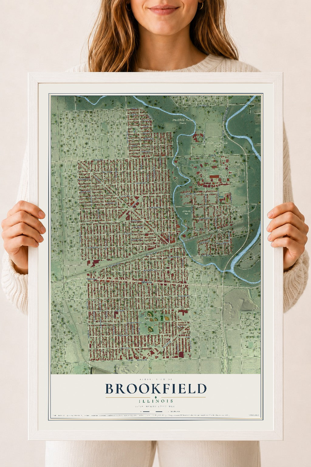Map of Brookfield, Illinois, 18 x 24 inch print in a white wood frame