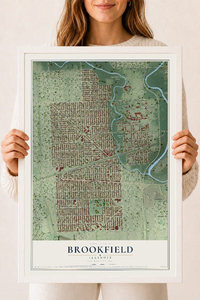 Map of Brookfield, Illinois, 18 x 24 inch print in a white wood frame