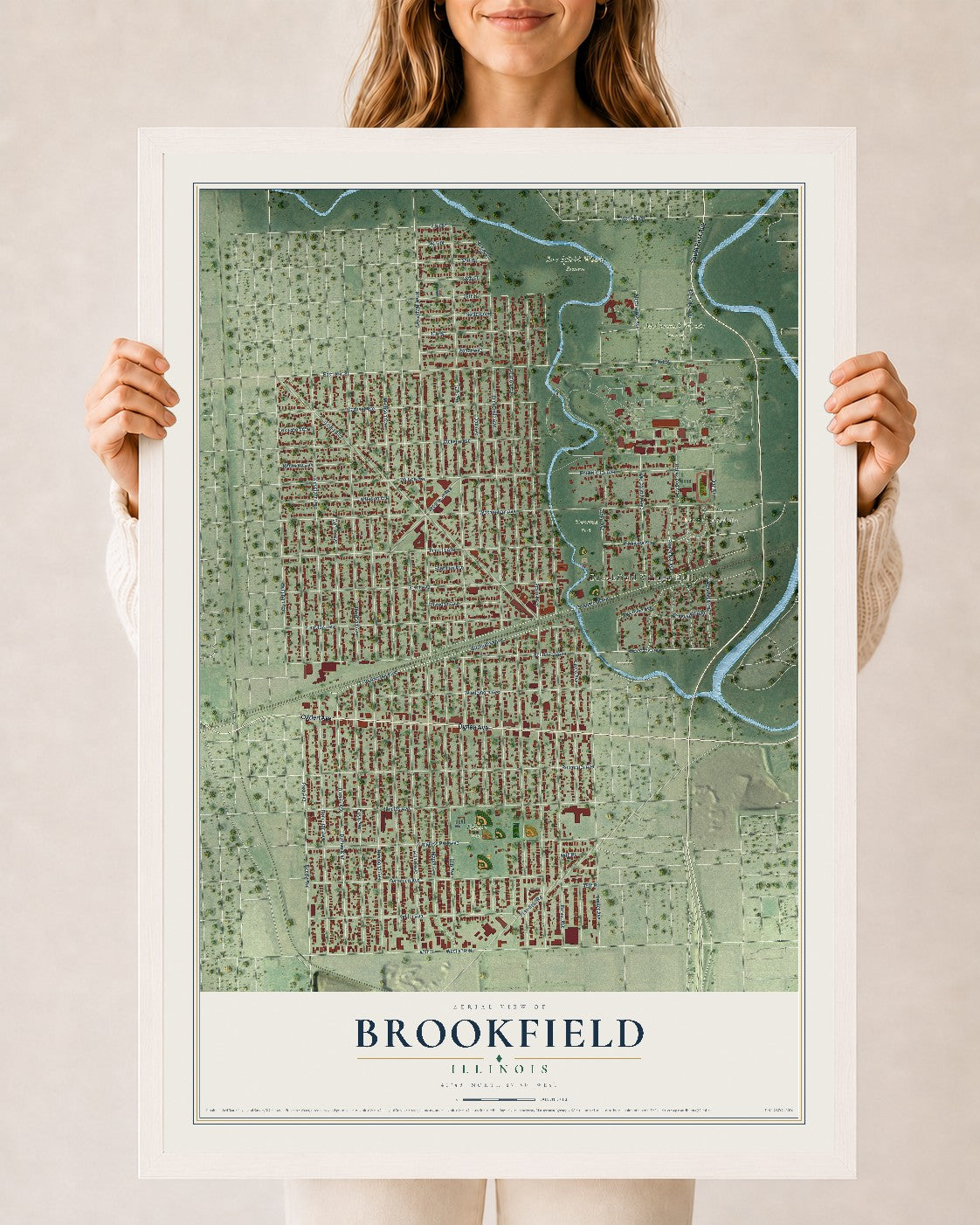 Map of Brookfield, Illinois, 24 x 36 inch print in a white wood frame