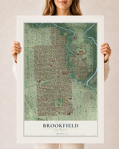 Map of Brookfield, Illinois, 24 x 36 inch print in a white wood frame