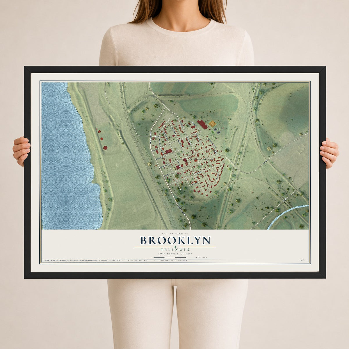 Map of Brooklyn, Illinois, 24 x 36 inch print in a black wood frame