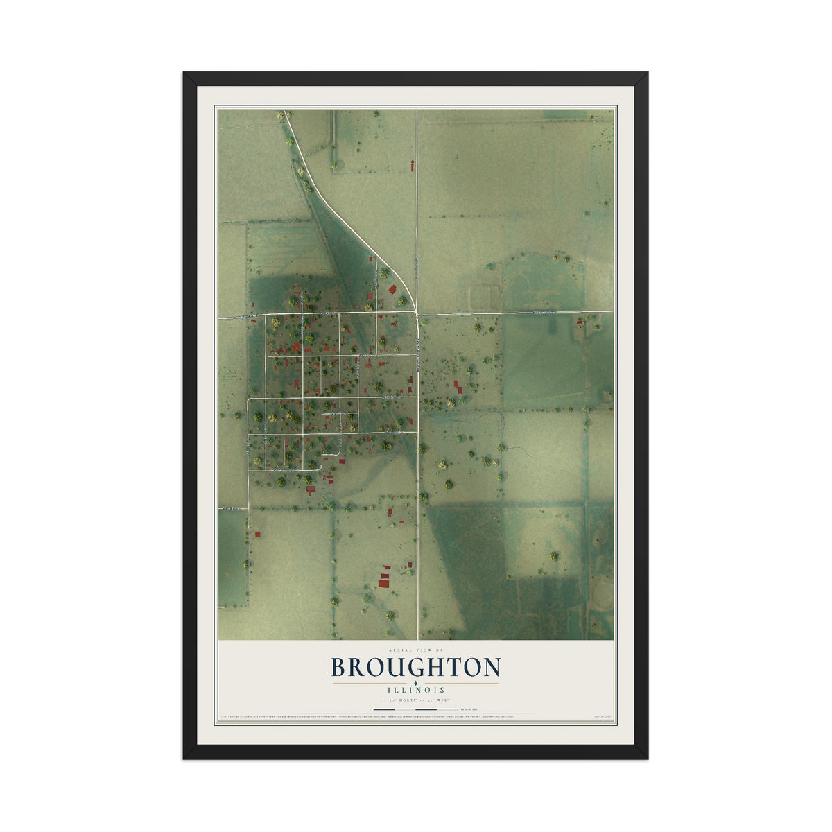 Map of Broughton, Illinois, 12 x 18 inch print in a black wood frame