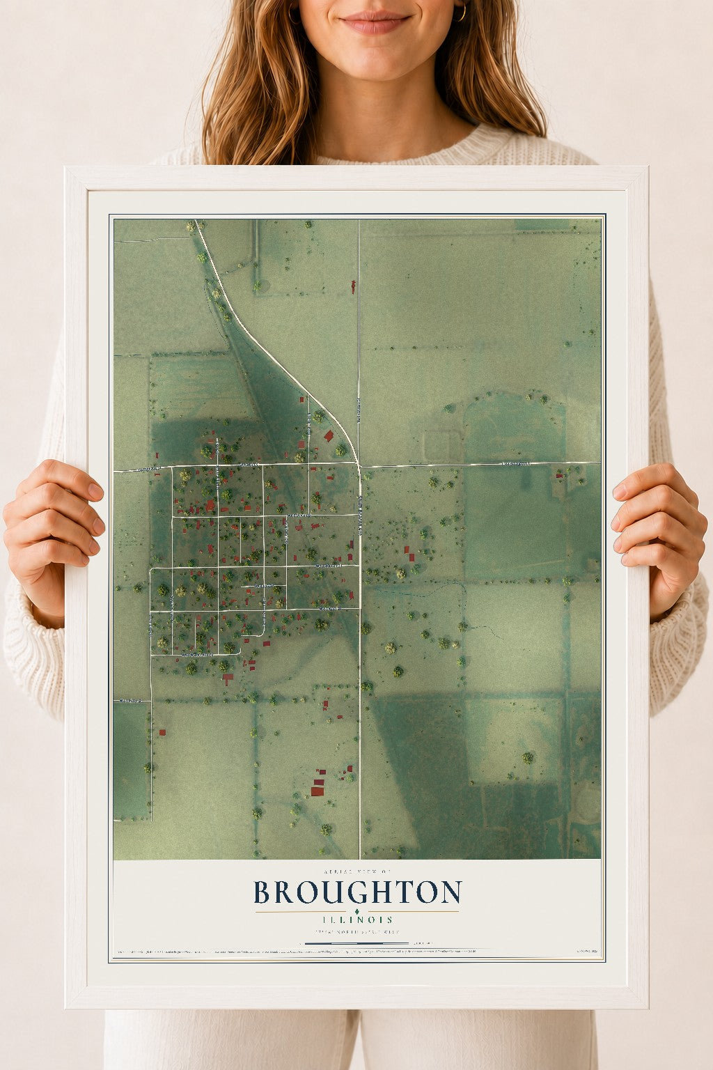 Map of Broughton, Illinois, 18 x 24 inch print in a white wood frame