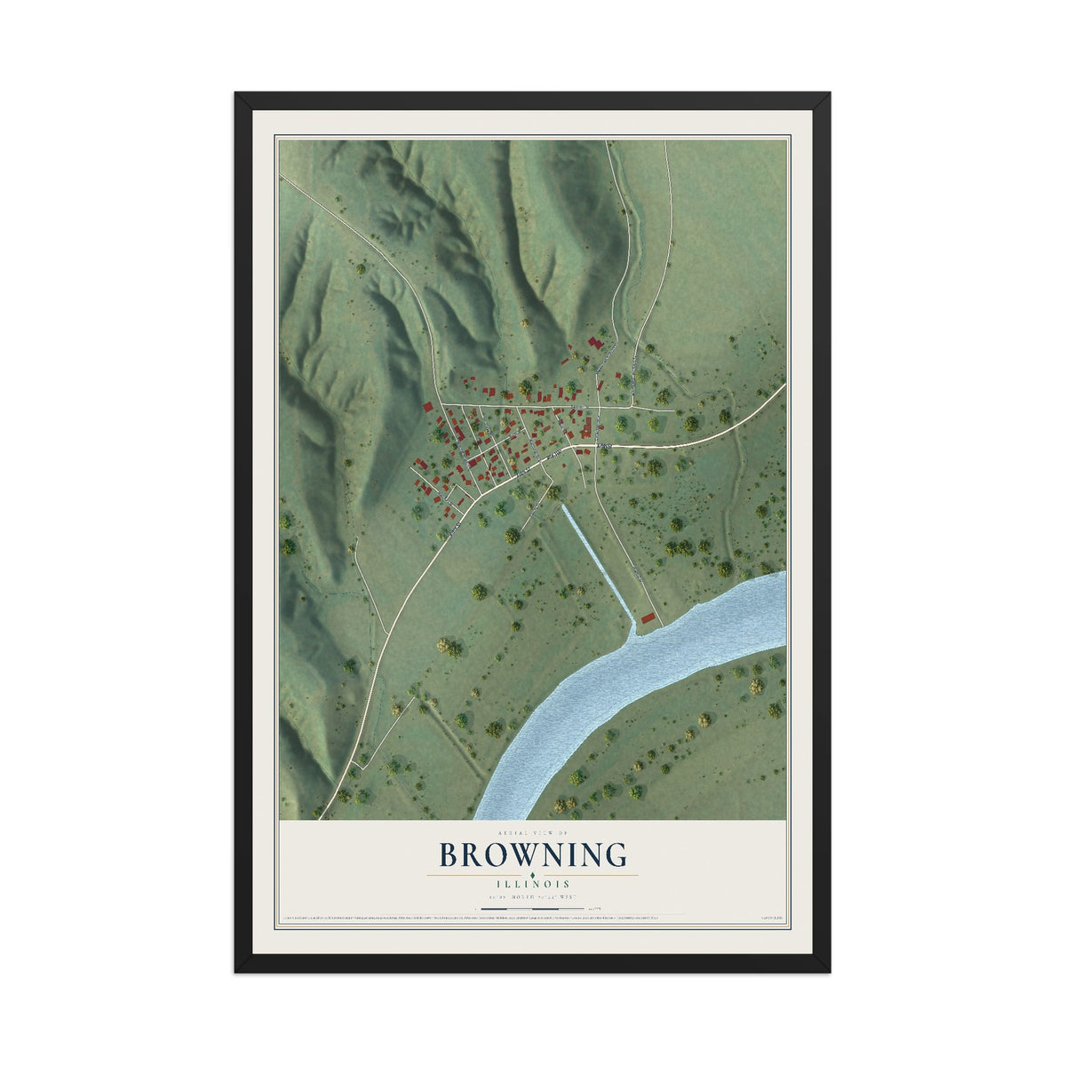 Map of Browning, Illinois, 12 x 18 inch print in a black wood frame