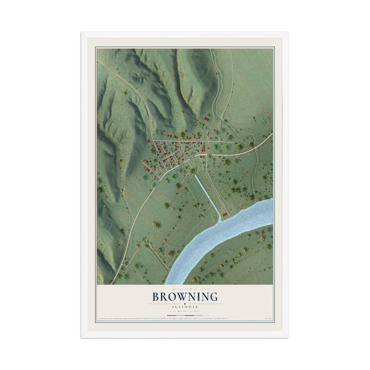 Map of Browning, Illinois, 12 x 18 inch print in a white wood frame