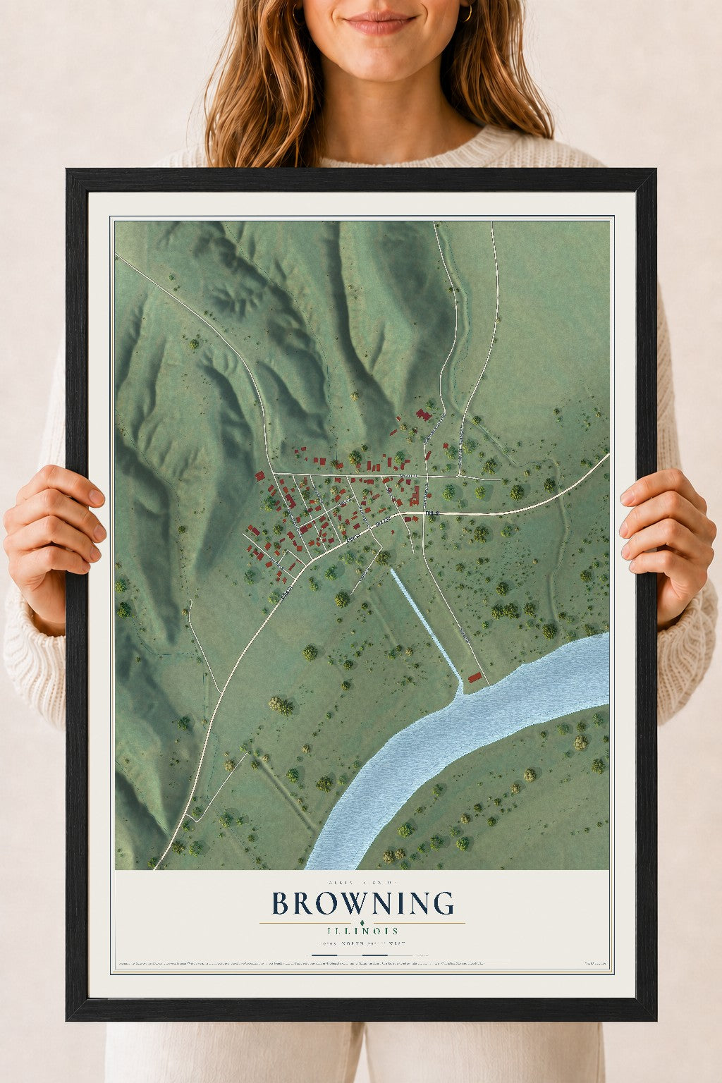 Map of Browning, Illinois, 18 x 24 inch print in a black wood frame